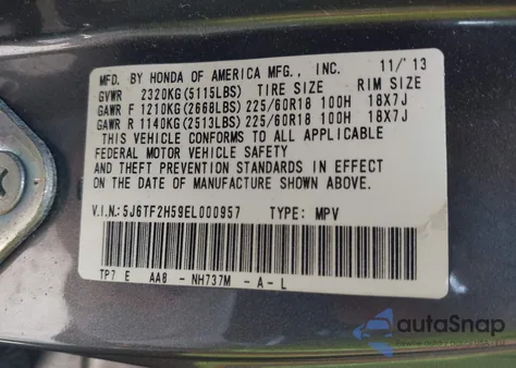 2014 Honda Crosstour Ex-L V6 из США, поврежденный, VIN 5J6TF2H59EL000957